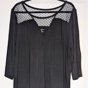 Lane Bryant Black Mesh Yoke 3/4 Sleeve Top Sz 18/20 Dot Illusion Neckline